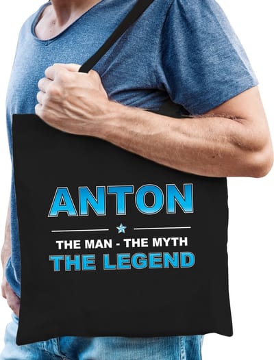 Naam cadeau Tasje voor Anton - The man, The myth the Legend - katoenen - zwart - verjaardag - vaderdag - collega - vriendin