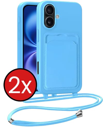 Hoesje Geschikt voor iPhone 16 Plus Hoesje Met Telefoonkoord en Pasjeshouder Siliconen - Hoes Geschikt voor iPhone 16 Plus Hoesje Met Kaarthouder Case - Lichtblauw - 2 PACK
