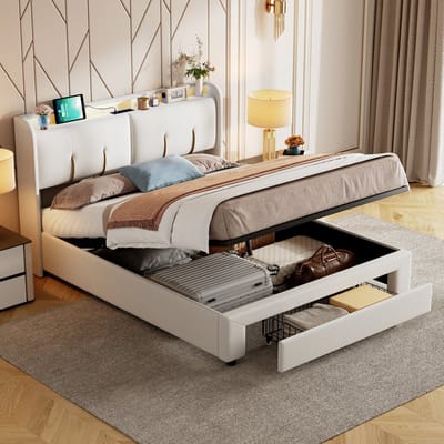 Fluwelen Bed met Opbergruimte en LED – Gestoffeerd Bedframe met Gaslift, Lade, USB & Stopcontacten – Beige, 140 × 200 cm