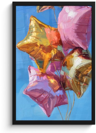 Poster in lijst - Fotolijst 40x60 cm - Posters - Ballonnen - Goud - Stervorm - Roze - Posterlijst zwart - Decoratie - Wanddecoratie woonkamer - Muurdecoratie slaapkamer