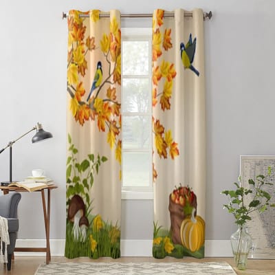 Herfstbladeren Paddenstoelen Pompoen Raamgordijn Voor Woonkamer Slaapkamer Decoratie Gordijnen Luxe Keuken Valgordijnen 135W x 60H(cm) x1 beige