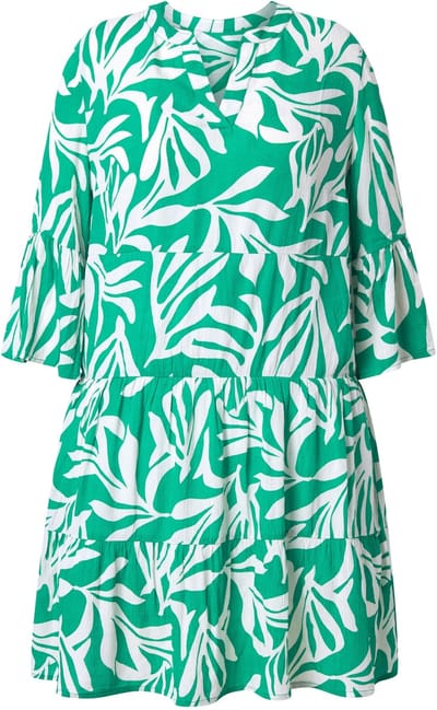 Ulla Popken - Dames - Midi-jurk A-lijn V-hals 3/4-mouwen - Zomergroen - Maat 46+