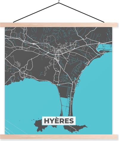Posterhanger incl. Poster 40x40 cm - Schoolplaat - Plattegrond – Kaart – Stadskaart – Frankrijk – Hyères - Textielposter - Blanke latten - Stadskaart