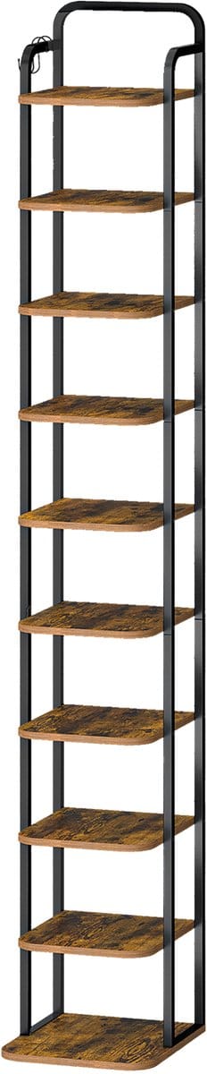 Verticaal Schoenrek, 10 Tier Schoenrek, Houten Schoenenkast voor Garderobe, Ingang, Schoenentoren voor Kleine Kamers, Vrijstaand, Verstelbaar, Rustiek Bruin en Zwart