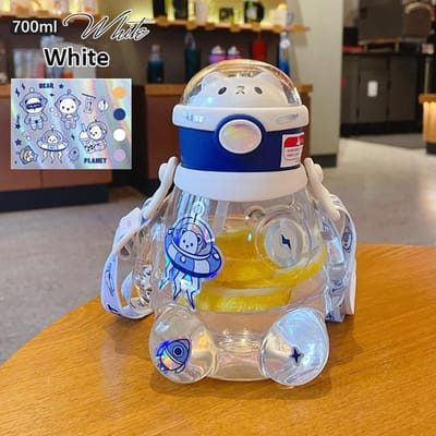 Bouteille d'eau charmante Ours Astronaute avec Sangle à Paille Pour Enfants Fille Plastique 700ml Lait Jus Thé à Bulles Bouteille Boisson École Sans BPA 700ml