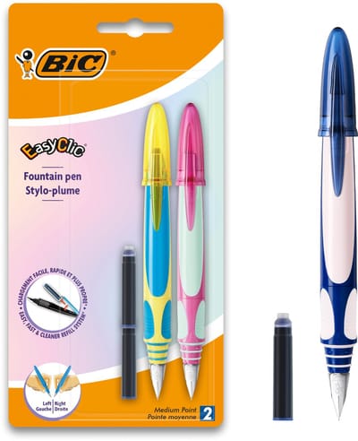 BIC EasyClic Vulpen Schoolpen - Blauwe pen met 2 Navullingen - Ergonomische grip - 2 stuks