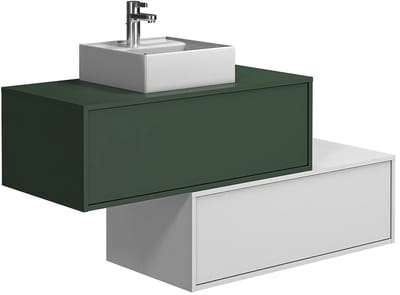 Vente-unique Hangend badkamermeubel, groen en wit, met enkele wastafel en twee lades - 94 cm - TEANA II