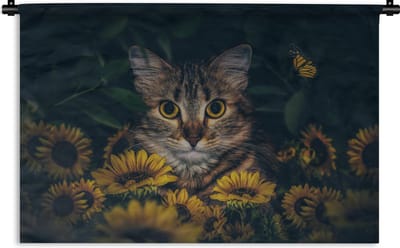 Wandkleed - Wanddoek - Kat - Geel - Bloemen - Botanisch - 180x120 cm - Wandtapijt