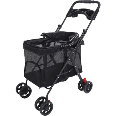 Hondenbuggy Met Eén Klik Inklapbaar Kattenbuggy 4 Wielen Hondentrolley met Zonnekappen en Bekerhouder voor Reizen Zwart Black