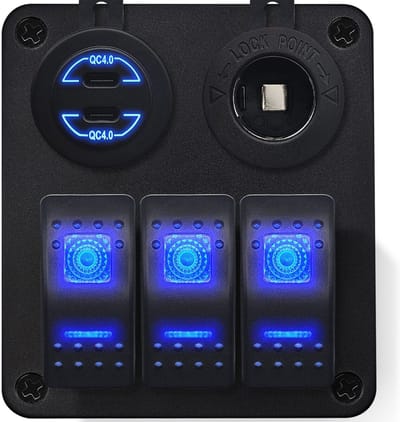 ProRide Schakelpaneel 12V voor Auto/Boot - USB C Lader 2 Poorten met Sigaretten stopcontact - 30W/QC4.0 - 3 schakelaars