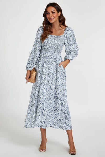 Maxi-jurk met vierkante hals en bloemenprint in lichtblauw