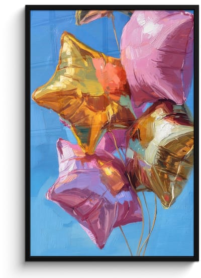 Poster in lijst - Fotolijst 80x120 cm - Posters - Ballonnen - Goud - Stervorm - Roze - Posterlijst zwart - Decoratie - Wanddecoratie woonkamer - Muurdecoratie slaapkamer