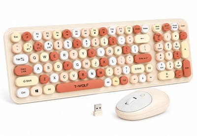 Draadloos Toetsenbord en Muis Set TF350 – 2.4GHz – Retro Ronde Toetsen – Volledig Toetsenbord met Numpad – Stil – Beige/Koraal