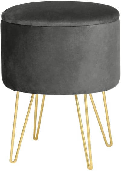 Ronde Opbergpoef in Grijs Fluweel met Gouden Stalen Basis - Zelfmontage Poef 45x35 cm