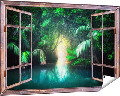 Gards Tuinposter Doorkijk Tropische Jungle met een Turquoise Meer - 150x100 cm - Tuindoek - Tuindecoratie - Wanddecoratie buiten - Tuinschilderij