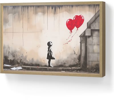 Wandlamp 60x40 cm - Oplaadbaar - Kunst - Meisje - Ballonnen - Hart - Grijs - Wandlampen binnen woonkamer - Slaapkamer lamp - Decoratieve nachtlamp - Vloerlamp draadloos
