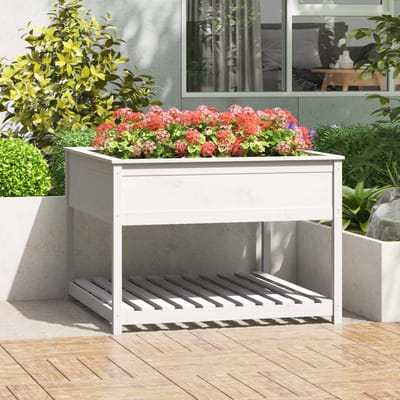 vidaXL - Plantenbak - met - schap - 111,5x111,5x81 - cm - massief - grenenhout - wit