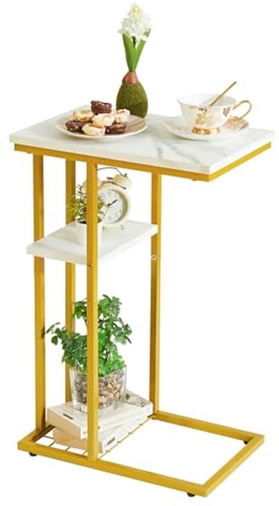 Lage C-vorm bijzettafel met 2 etages - Opslagoplossing voor woonkamer, slaapkamer, balkon en kantoor