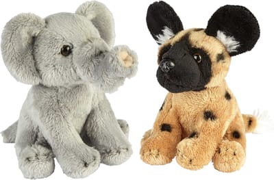 Ravensden - Safari dieren knuffels - 2x stuks - Olifant en Wilde Hond - 15 cm