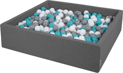 KiddyMoon Ballenbad voor kinderen Vierkant met 200 ballen ∅7cm 120x30cm - Ballenbak voor Baby's - Ballenbak ballen kleurrijke - Met schuimvulling - Ballenbad foam - Voor sensorische - Dunkelgrau: Grijs Wit Turkoois