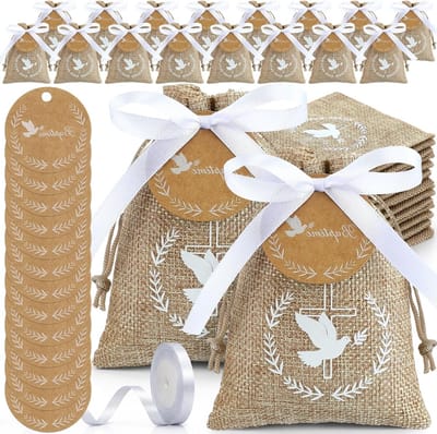 30 Doopgeschenktassen met Ronde Labels en Witte Lint – Snoepzakken met Duifontwerp, Geschikt voor Doop, Communie, Bevestiging en Ceremonie Decoraties