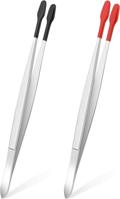 Rubberen punt pincet set van 2 stuks, roestvrijstalen platte tip pincetten voor munten, sieraden en hobbyprojecten
