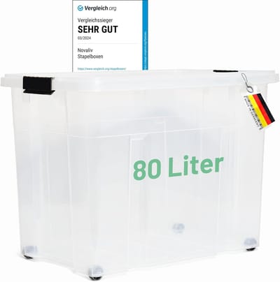 Novaliv XXL opbergdoos met deksel, groot 80L, transparant, nestbaar, stapelbaar kunststof doos met clipsluiting, Eurobox met deksel, BPA-vrij, 61x40x45 cm