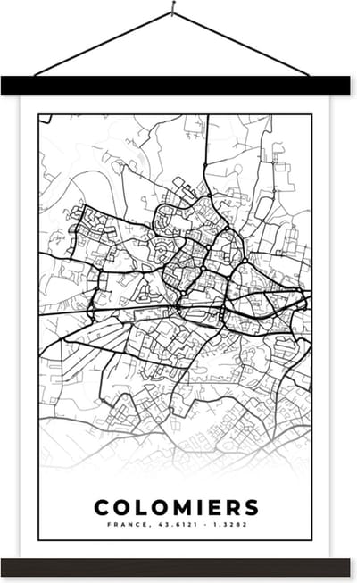 Posterhanger incl. Poster 40x60 cm - Schoolplaat - Frankrijk - Kaart - Plattegrond - Colomiers - Stadskaart - Zwart wit - Textielposter - Zwarte latten - Stadskaart