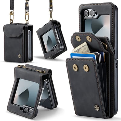 Casemania Hoesje Geschikt voor Samsung Galaxy Z Flip 6 - Charcoal Gray - Portemonnee Book Case met Koord & Pasjeshouder
