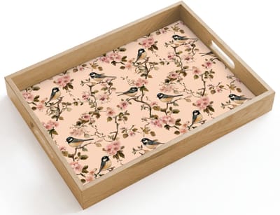 Dienblad hout 40x30 cm - Schootdienblad - Bloesem - Koolmees - Roze - Borrelplank rechthoek - Plateau dienbladen