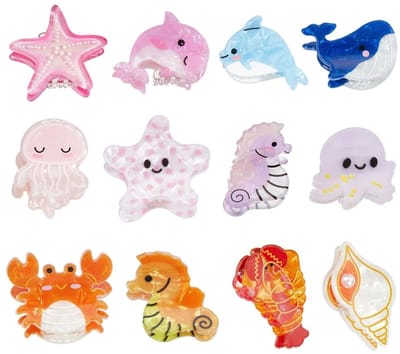 Dailygoods- Haarclips Antislip - 12 Stuks Mini Oceaan Dieren - Zeester/Krab/Walvis/Octopus - Acryl - Gemengde Vormen - Voor Dun Haar - Haarklemmen