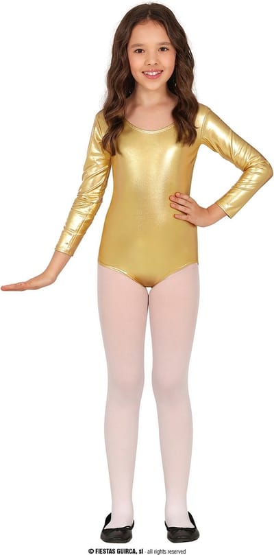 Guirca - Dans & Entertainment Kostuum - Gymnastiek Bodysuit Metallic Kind Goud - Meisje - Goud - Maat 128 - Kerst - Verkleedkleding
