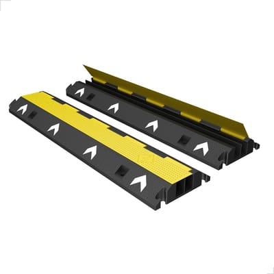 2-kanaals kabelbeschermer - modulaire vloerkabelprotector met geel deksel voor EV-laadkabels, events en magazijnen