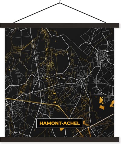 Posterhanger incl. Poster 60x60 cm - Schoolplaat - Kaart - Goud - Plattegrond - Hamont-Achel - Stadskaart - Textielposter - Zwarte latten - Stadskaart