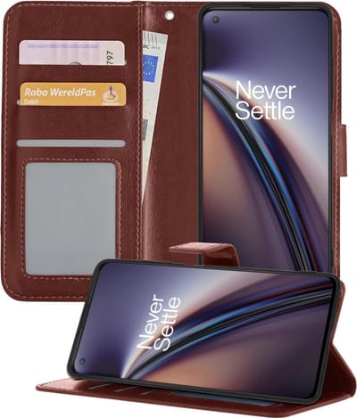 Hoesje - Met Pasjeshouder - Geschikt voor OnePlus Nord CE - Luxe Bookcase Portemonee - Flip Case - Kunstleer Book Case - Flipcase - Book Cover - Walletcase - Portemonneehoes - Telefoonhoesjes - Bruin