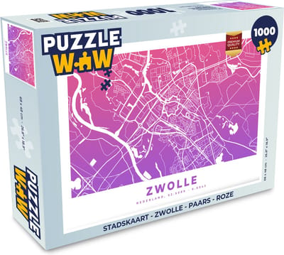 Puzzel Stadskaart - Zwolle - Paars - Roze - Legpuzzel - Puzzel 1000 stukjes volwassenen - Plattegrond