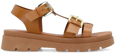 Sacha - Dames - Cognac leren plateau sandalen met goudkleurige buckles - Maat 39