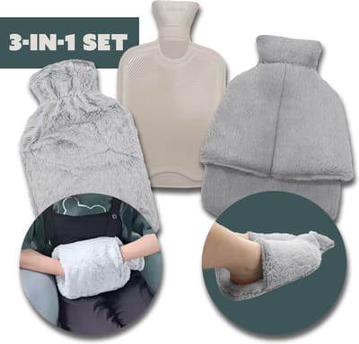 Warmwaterkruik - 3-in-1 Set met Fleece Handenwarmer en Voetenwarmer - Inhoud 2 liter - Kruik met hoes - Warmtekruik Grijs - Cadeau Voor Man en Vrouw