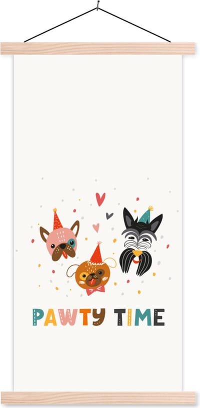 Posterhanger incl. Poster 60x120 cm - Schoolplaat - Pawty time - Honden - Spreuken - Quotes - Textielposter - Blanke latten