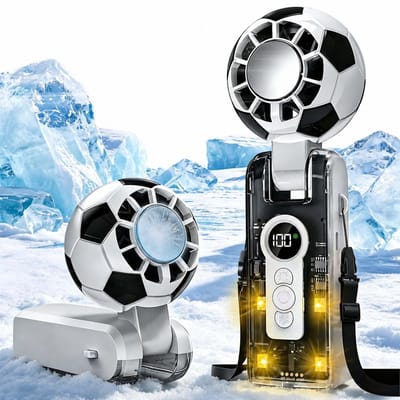 Ventilator - Voetbal fan - Handventilator, draagbare mini-handventilator met oplaadbare accu en koelfunctie, 6 windniveaus, LED-display, 180° verstelbaar – 3-in-1 handventilator met LED-verlichting voor werk, reizen, kamperen en voetbal（wit）