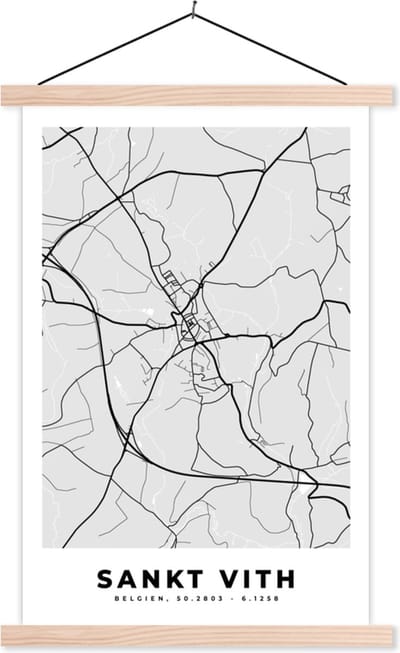 Posterhanger incl. Poster 40x60 cm - Schoolplaat - België – Sankt Vith – Stadskaart – Kaart – Zwart Wit – Plattegrond - Textielposter - Blanke latten - Stadskaart