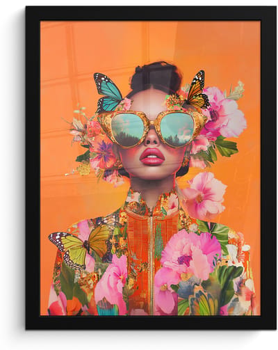 Poster in lijst - Fotolijst 30x40 cm - Posters - Vlinders - Vrouw - Zonnebril - Kleurrijk - Posterlijst zwart - Decoratie - Wanddecoratie woonkamer - Muurdecoratie slaapkamer