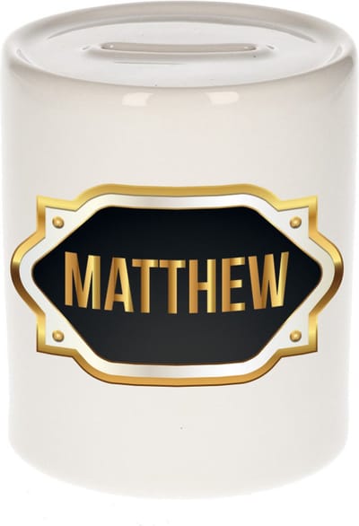 Spaarpot met voornaam Matthew - wit - met goud/zwart embleem - 8 x 9 cm - keramiek - met afsluitdop - cadeau verjaardag