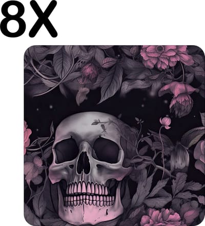 Luxe Placemat - Duistere Bloemen met Schedel - Set van 8 Placemats - 50x50 cm - 2 mm dik Vinyl - Anti Slip - Afneembaar
