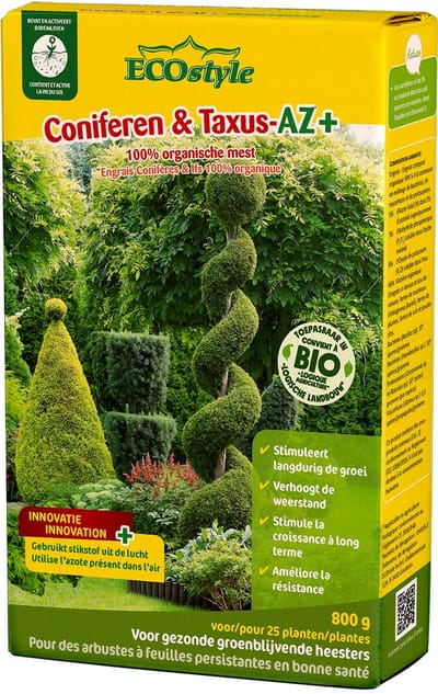 ECOstyle Coniferen & Taxus-AZ Organische Tuinmest - Sterke & Diepgroene Coniferen - 120 dagen Voeding - Gezonde & Groenblijvende Heesters - voor 25 Planten - 800 GR