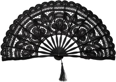 JeiibrZui Handwaaier Zwart - 27 cm Vouwwaaier met Kant en Kwastjes - Bamboe Handventilator voor Bruiloft en Dansfeest - Elegante Decoratie voor Heren en Dames - 1 Stuks