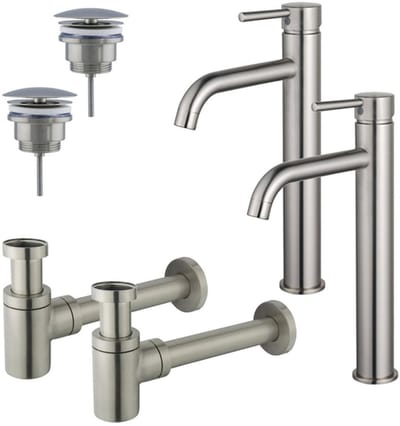 FugaFlow Eccelente Sobrado Badkamer Wastafelkraanset - voor dubbele wastafel - verhoogde wastafelkraan - always open plug - verlaagde design sifon - PVD Geborsteld RVS