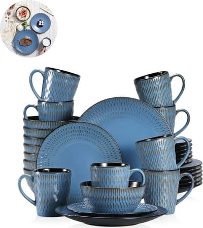 Luxe Serviesset – 32 delig – 8 persoons – Porselein - Bordenset – Dinner platen – Dessertborden - Kommen - Mokken - Schaaltjes - Blauw