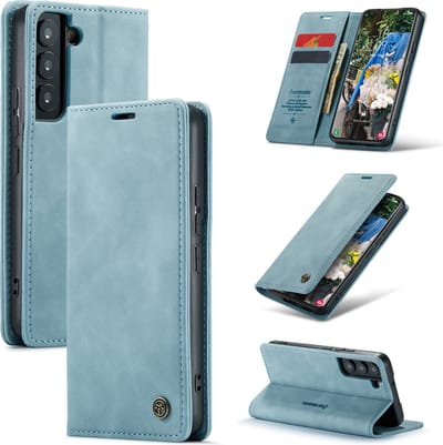 Casemania Hoesje Geschikt voor Samsung Galaxy S21 FE Aqua Blue - Dunne Portemonnee Book Case - Slim Wallet Case met Pasjeshouder