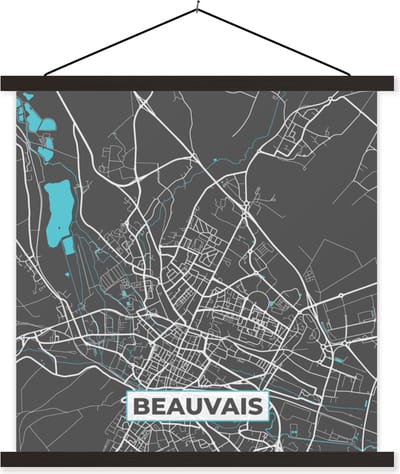 Posterhanger incl. Poster 60x60 cm - Schoolplaat - Frankrijk – Beauvais – Stadskaart – Plattegrond – Kaart - Textielposter - Zwarte latten - Stadskaart